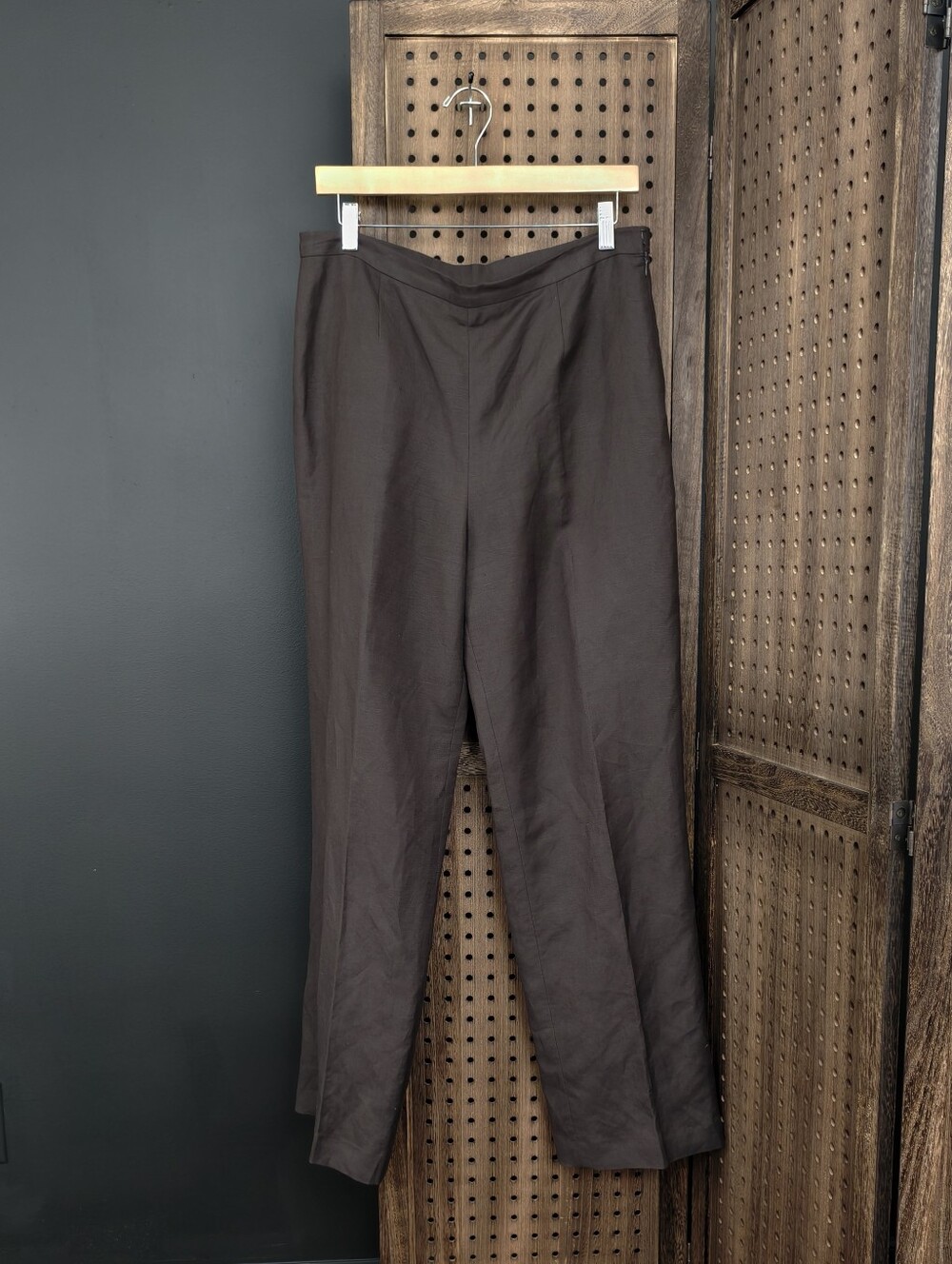 Vintage Kasper Dark Brown Straight-Leg Linen-Blend Trousers